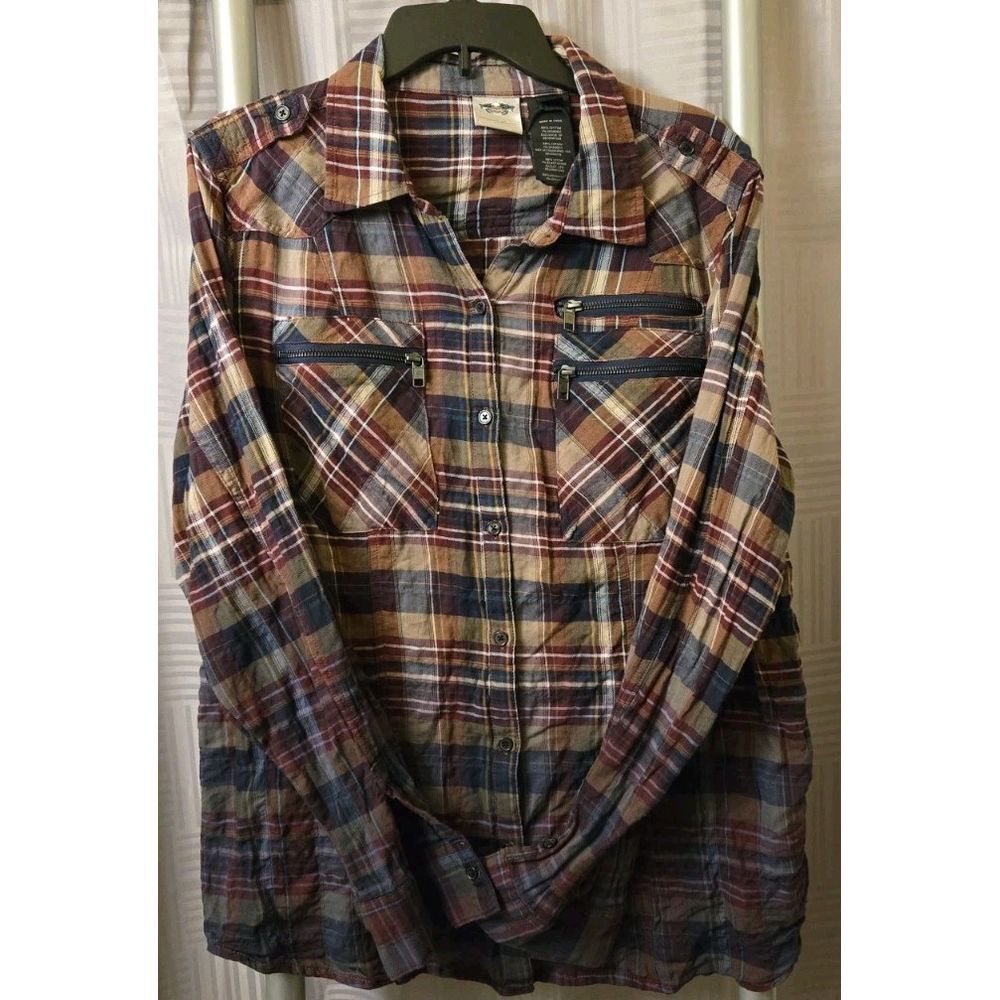 Women's Harley Davidson Shirt 1W Maroon Plaid Zip Pockets Long Sleeve
